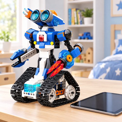 Robot J z klocków na biurku