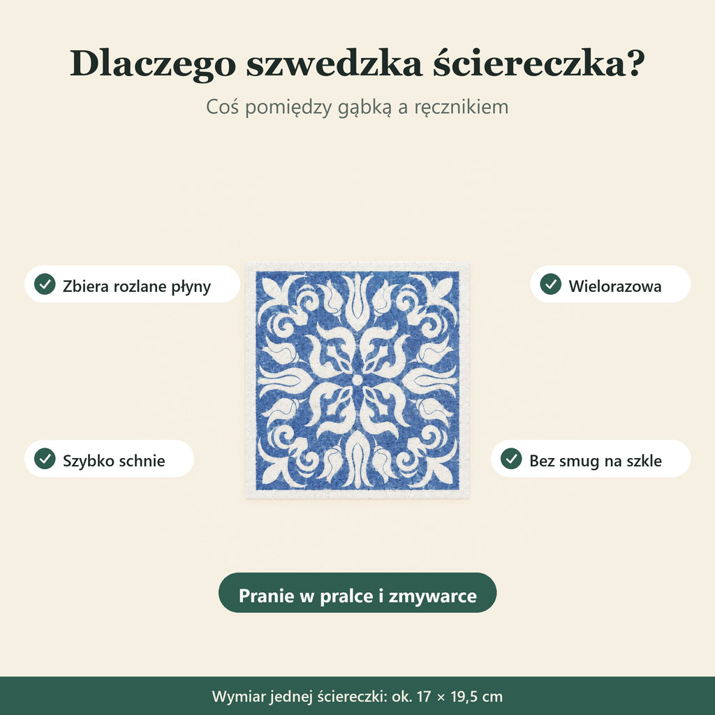 Korzyści: zbiera płyny, szybko schnie, wielorazowa, bez smug; wymiar ok. 17 × 19,5 cm