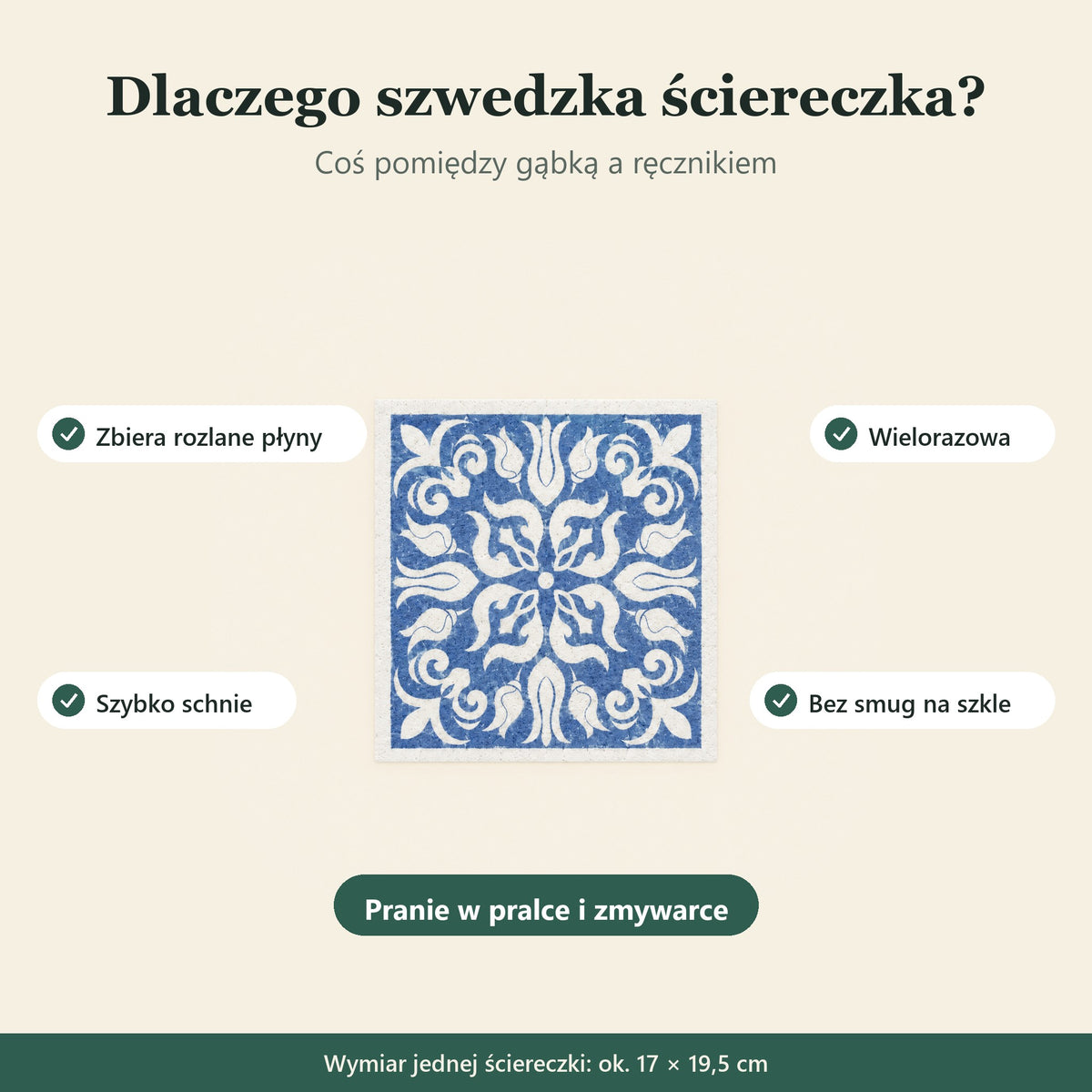 Korzyści: zbiera płyny, szybko schnie, wielorazowa, bez smug; wymiar ok. 17 × 19,5 cm